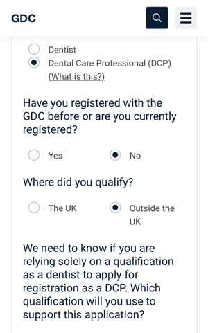 GDC Route to registration questionnaire